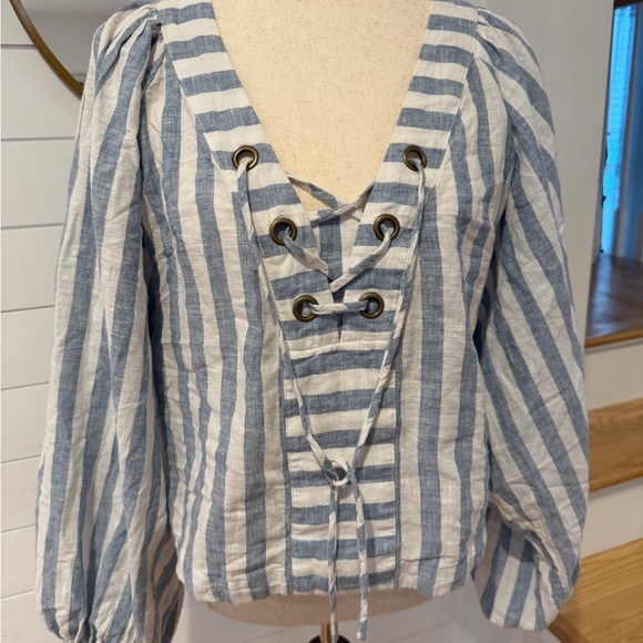 NWT Anthropologie Striped Linen Dolman Lace-Up Blue and White Women's Top - Med - Picture 6 of 14